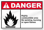Highly Combustible Area No Welding, Burning Or Open Flames Danger Signs