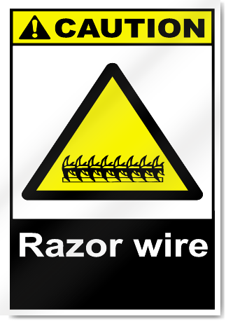 Caution Barbed Wire Pre-Drilled Plastic Sign 300mm x 100mm Silk Screen Printed