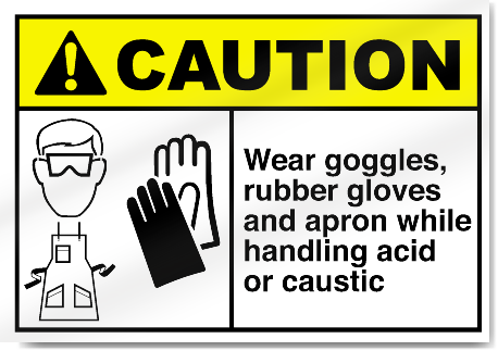 Wear Goggles, Rubber Gloves And Apron While Handling Acid Or Caustic Caution Signs