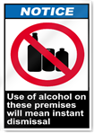 Use Of Alcohol On These Premises Will Mean Instant Dismissal Notice Signs